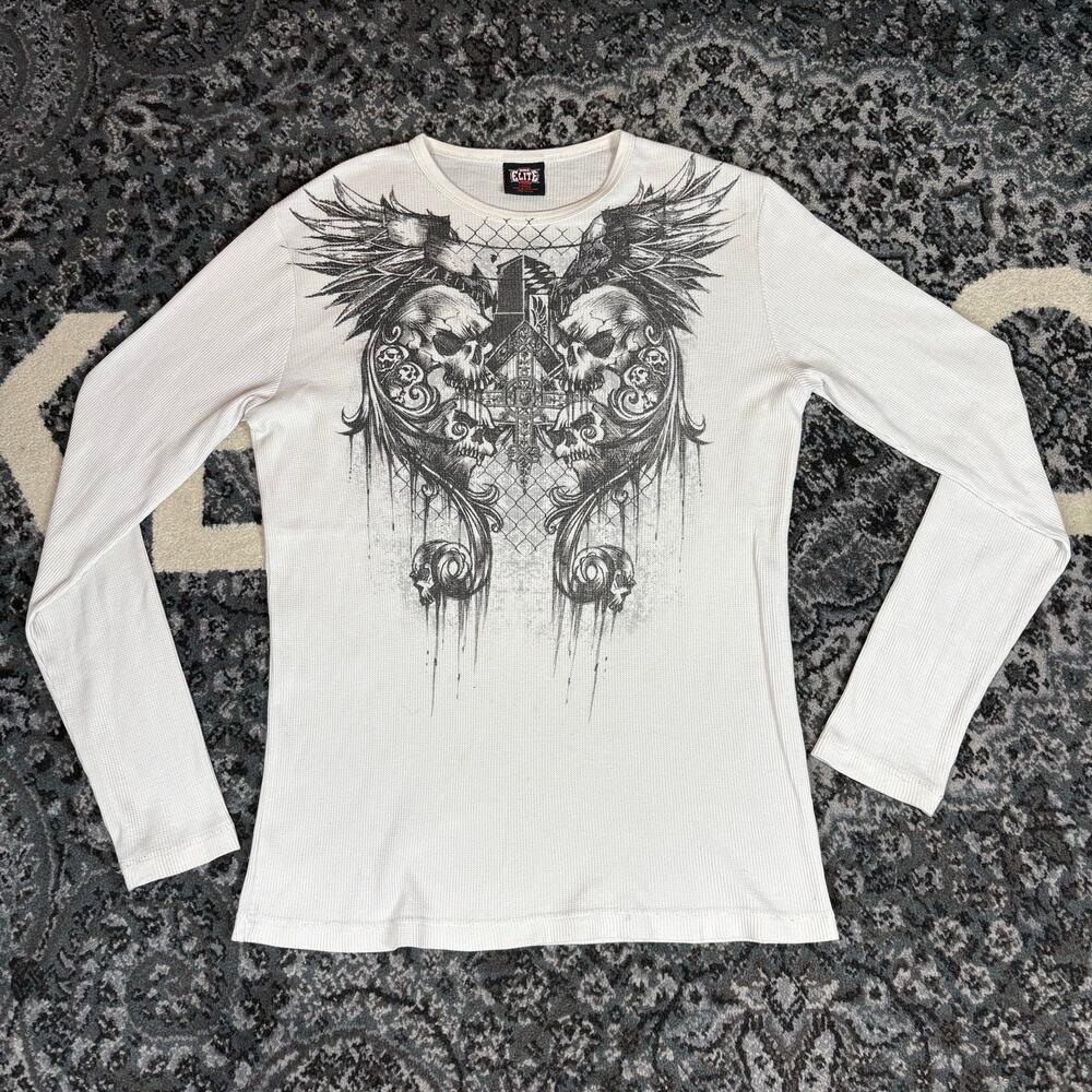 MMA Elite White Thermal Long Sleeve Shirt Mens Sz Large Skull Gothic Grunge Y2K